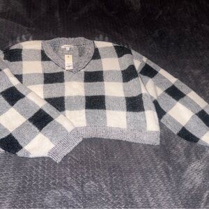 Plaid V-Neck Crop Sweater - Black and White - ultra soft!
